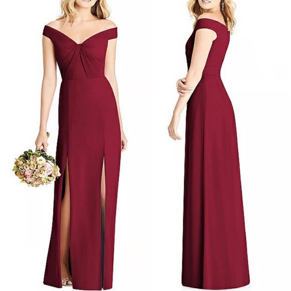 Social Bridesmaids Off-Shoulder Burgundy Maxi Dress
